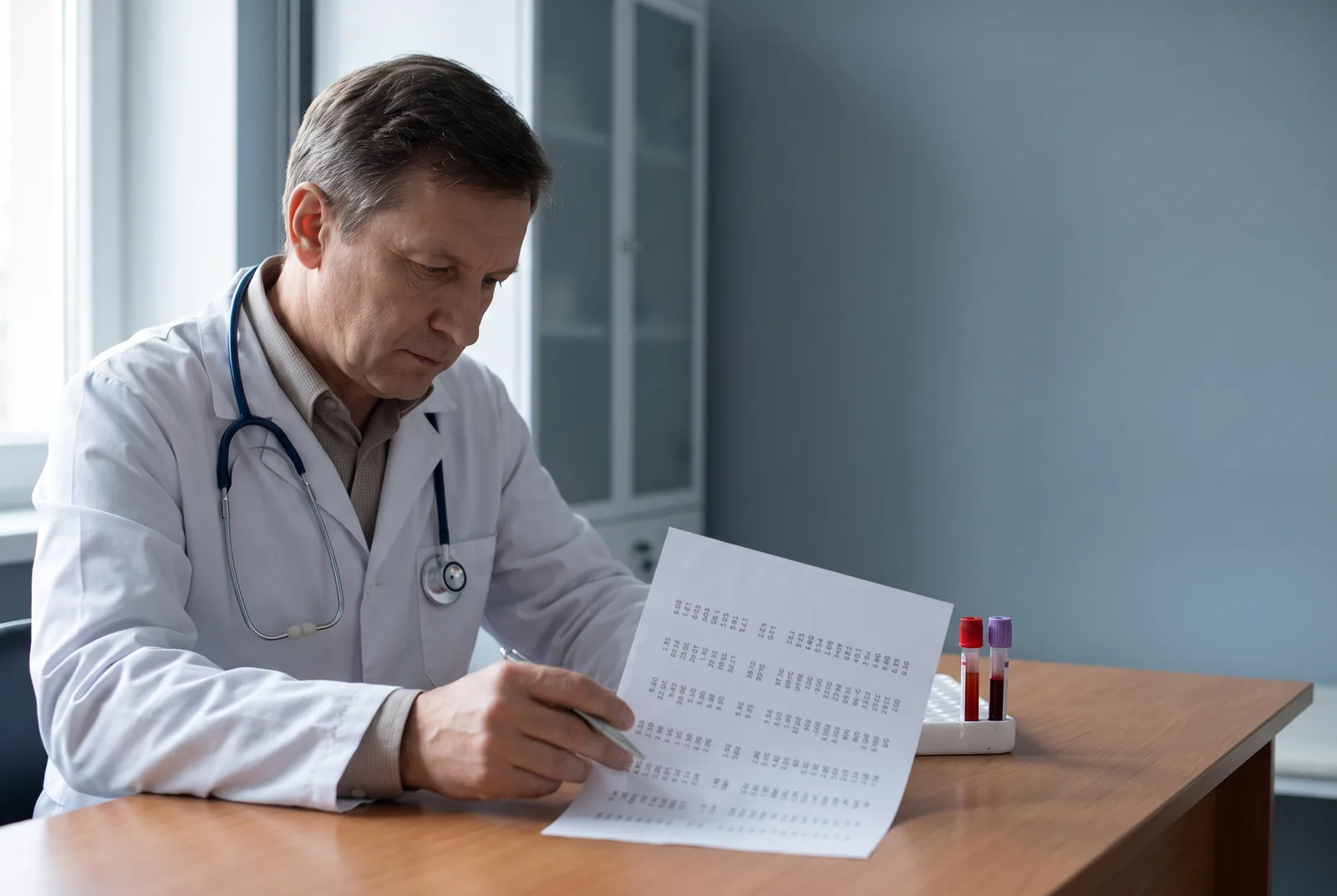Zdravnik pregleduje strukturiran krvni izvid v ambulanti