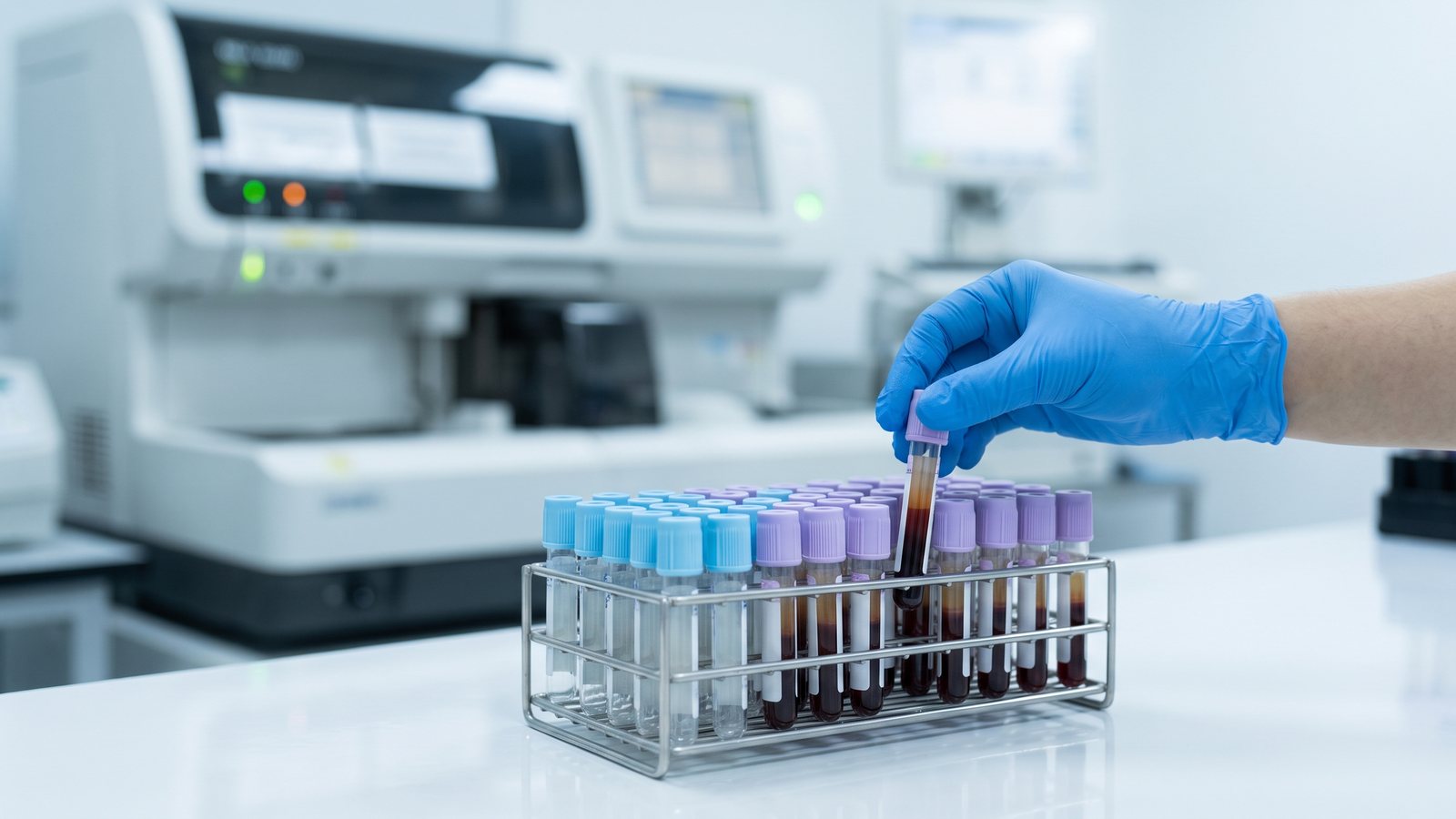 Epruvete s krvnimi vzorci na laboratorijskem pultu